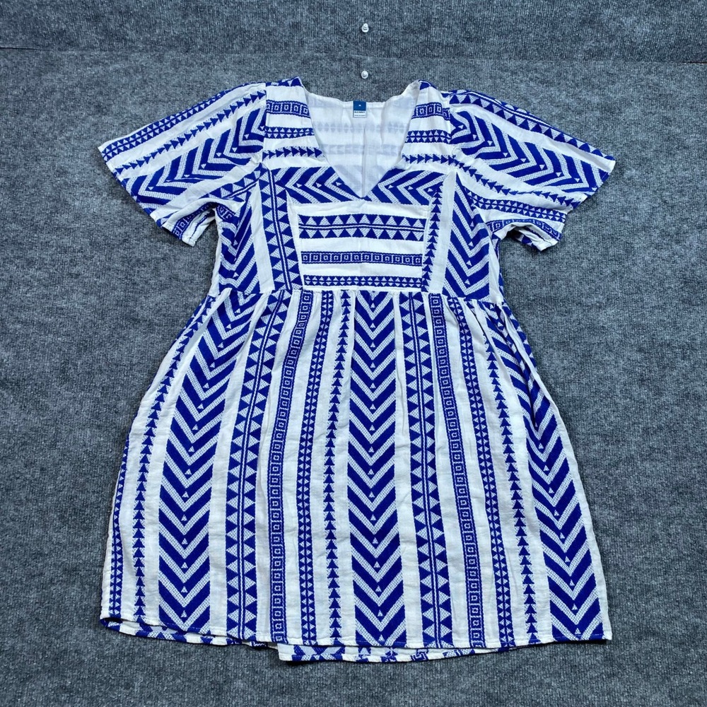 Old Navy Womens Blue White Geometric Tribal V-Neck Mini Dress‎ Short Sleeve  M